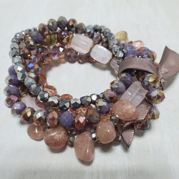 Ali Khan 5-Row Glass Beaded Bracelet Set / gift box  rose gold, mauve, tones - Picture 1 of 7